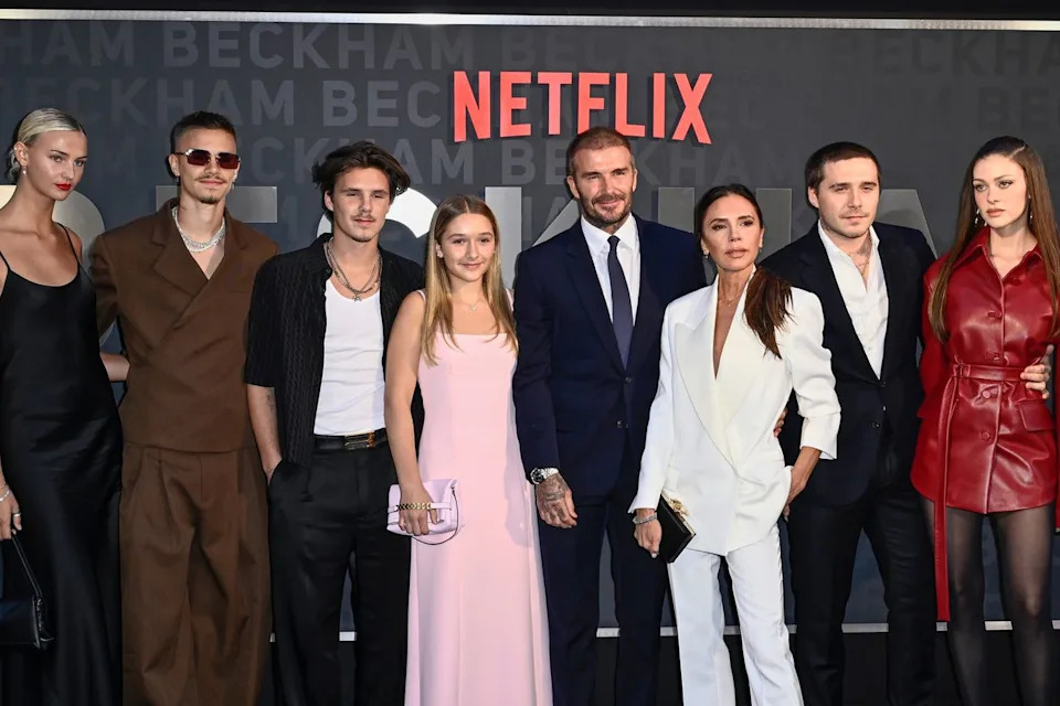 Mia Regan, Romeo Beckham, Cruz Beckham, Harper Beckham, David Beckham, Victoria Beckham, Brooklyn Peltz Beckham and Nicola Peltz Beckham attend the 'Beckham' UK Premiere on October 03, 2023 in London, England. Gareth Cattermole/Getty