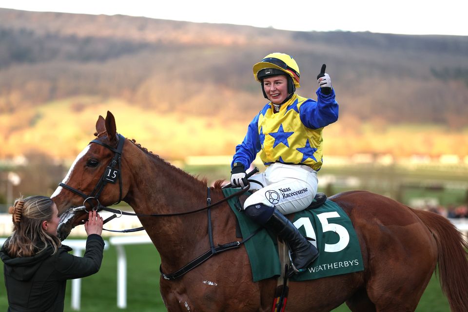 Jody Townend, aboard Bambino Fever, celebrates after winning the Champion Bumper at Cheltenham last year - her brother Paul will be the saddle for the mares maiden hurdle at Fairyhouse today. Photo: Sportsfile