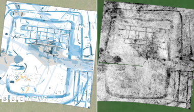 An interpretative sketch of the team's findings alongside the ground penetrating radar scan.  The villa's individual rooms and corridors are clearly visible