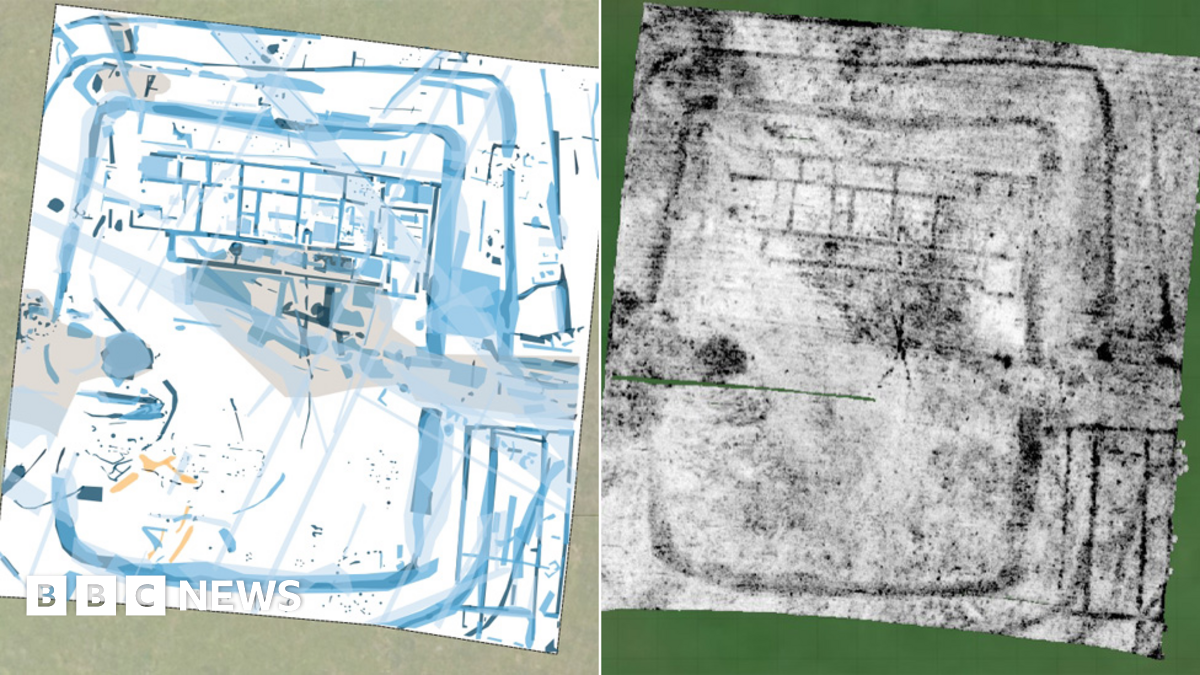 An interpretative sketch of the team's findings alongside the ground penetrating radar scan.  The villa's individual rooms and corridors are clearly visible