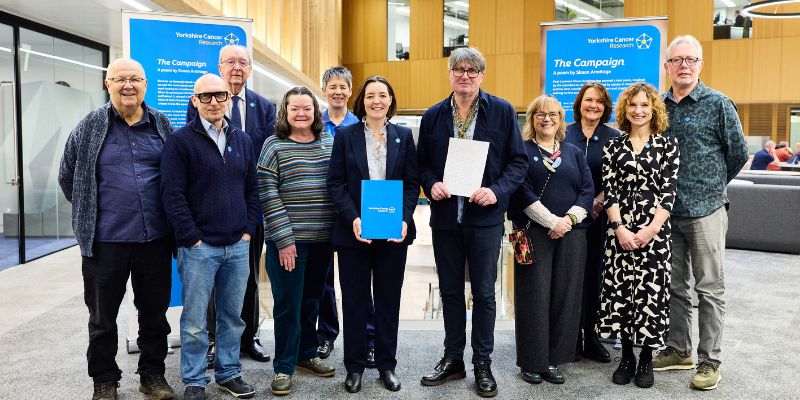 Simon Armitage with Dr Kathryn Scott and the charity's supporters that inspired the poem.
