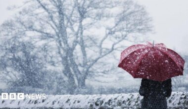 A woman wearing a long winter coat shelters under a red umbrella in a snow storm next to a snow-covered stone wall.