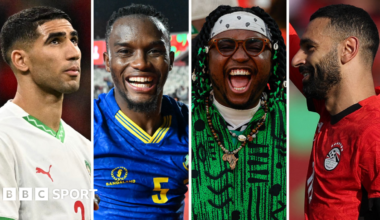 A composite image divided into four vertical columns shows four different men from the chest up. Achraf Hakimi, Dickson Job, a Nigeria football fan smiles in celebration and Mohamed Salah raises his right arm