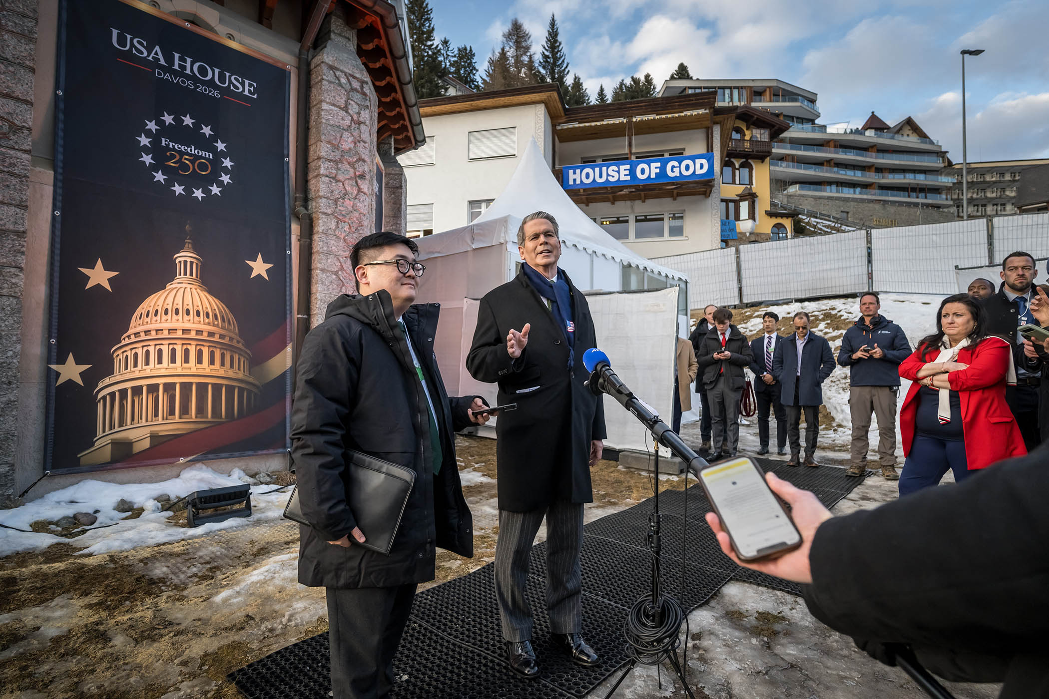 US Treasury Secretary Scott Bessent held a press conference outside of the USA House after a morning prayer service there
