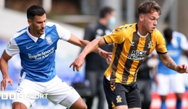 Maxime Colin of Birmingham City and Luke Hannant of Cambridge United during a 2020 League Cup tie.