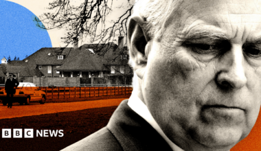 A graphic featuring a close-up black-and-white image of Andrew Mountbatten-Windsor looking concerned superimposed on an image of Sunninghill Park mansion, a large two-story brick house.