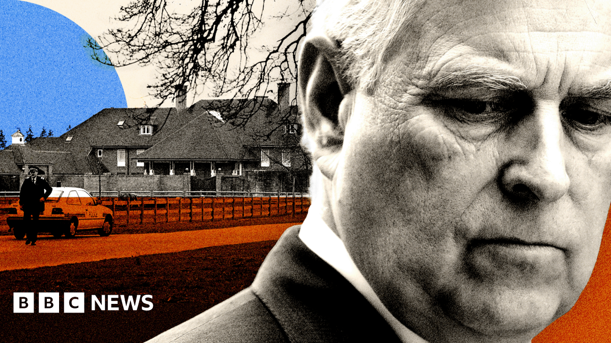 A graphic featuring a close-up black-and-white image of Andrew Mountbatten-Windsor looking concerned superimposed on an image of Sunninghill Park mansion, a large two-story brick house.