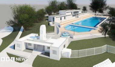 An artist's impression of how the restored Broomhill Lido would look. There is a large pool and white buildings.