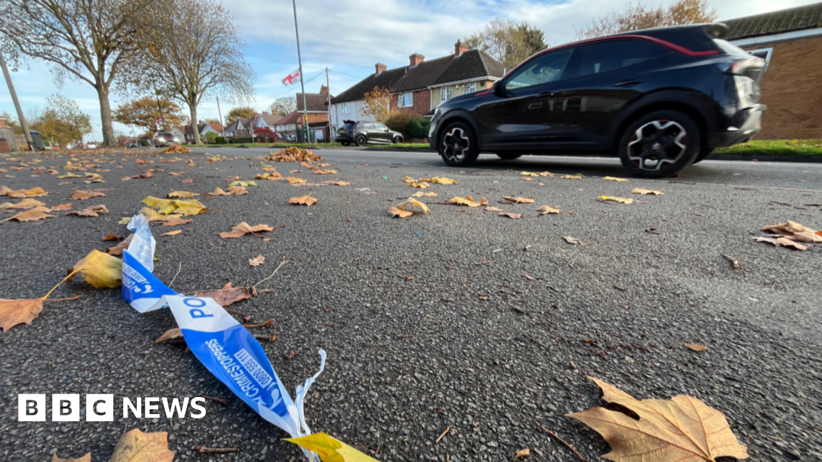 A low view of a residential road, with police tape on the ground, as well as lots of leaves. Cars and houses run across the back of the image