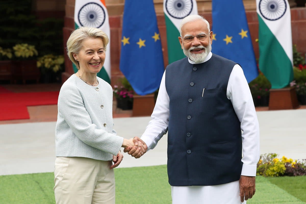 European Commission president Ursula von der Leyen with Indian prime minister Narendra Modi in Delhi on 28 February 2025 (EPA)