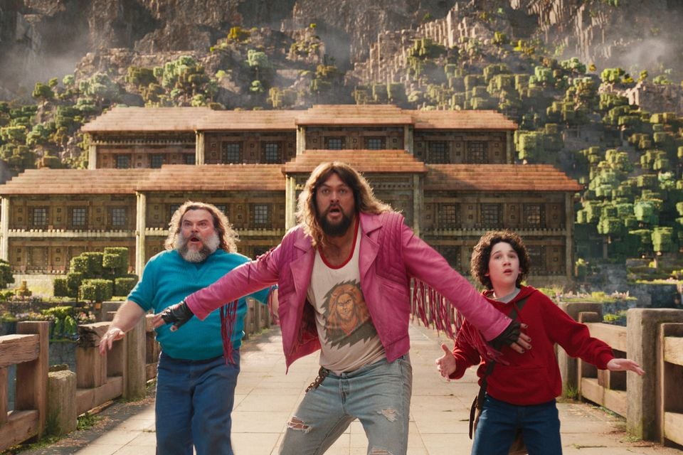 A Minecraft Movie with Jack Black as Steve, Jason Momoa as Garrett and Sebastian Hansen as Henry. PA Photo