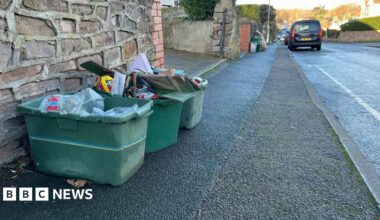 Three overflowing green recycling boxes sit on a pavement outside someone's front garden wall. They contain plastic packaging and cardboard.