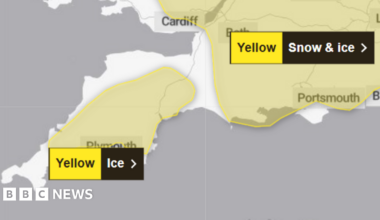 A graphic of yellow ice warnings for the south west. A patch of the map is highlighted with yellow and there is a block with the words 'yellow' and 'ice'.