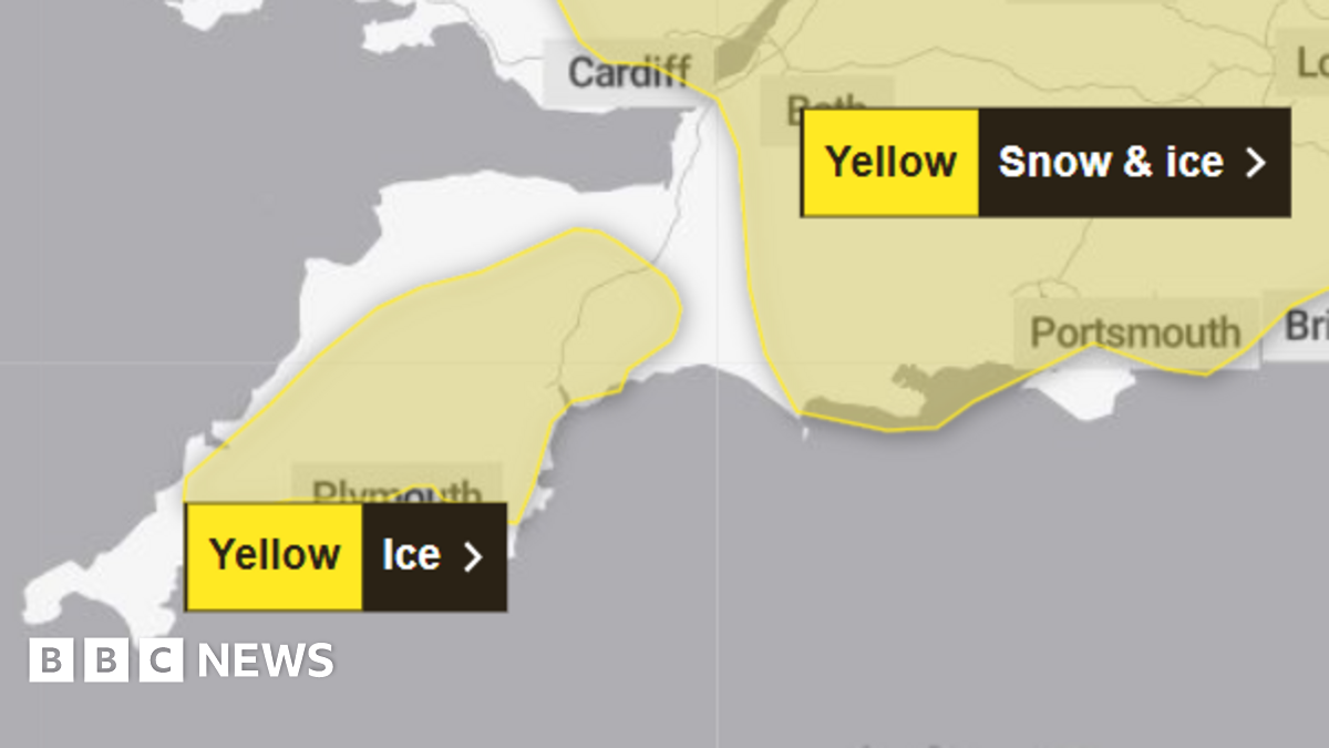 A graphic of yellow ice warnings for the south west. A patch of the map is highlighted with yellow and there is a block with the words 'yellow' and 'ice'.