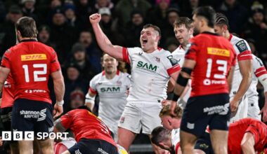 Angus Bell celebrates Ulster's first try against Munster.