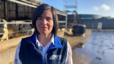 Abi Reader of NFU Cymru stands in front of cows in her farmyard. She has a black bob, which is shoulder-length and looks at the camera. She is wearing a white shirt, over which she has a blue gilet on which has the words NFU Cymru in white text on the left breast.