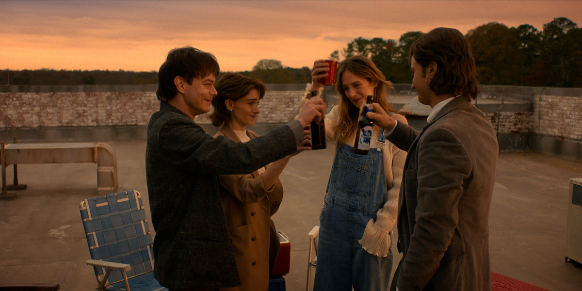 Charlie Heaton as Jonathan Byers, Natalia Dyer as Nancy Wheeler, Maya Hawke as Robin Buckley, and Joe Keery as Steve Harrington in ‘Stranger Things 5’