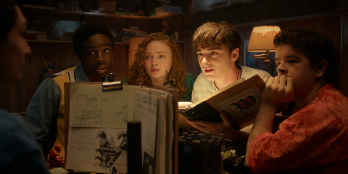 Finn Wolfhard as Mike Wheeler, Caleb McLaughlin as Lucas Sinclair, Sadie Sink as Max Mayfield, Noah Schnapp as Will Byers, and Gaten Matarazzo as Dustin Henderson in ‘Stranger Things 5’