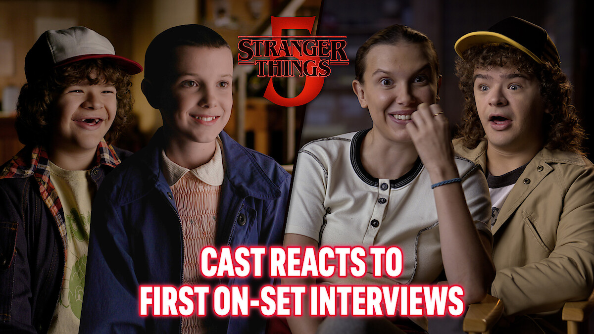Gaten Matarazzo and Millie Bobby Brown from Stranger Things, shown as both kids and adults, seated in interview settings, reacting and smiling. Stranger Things 5 logo with the text: “Cast Reacts to First On-Set Interviews.”