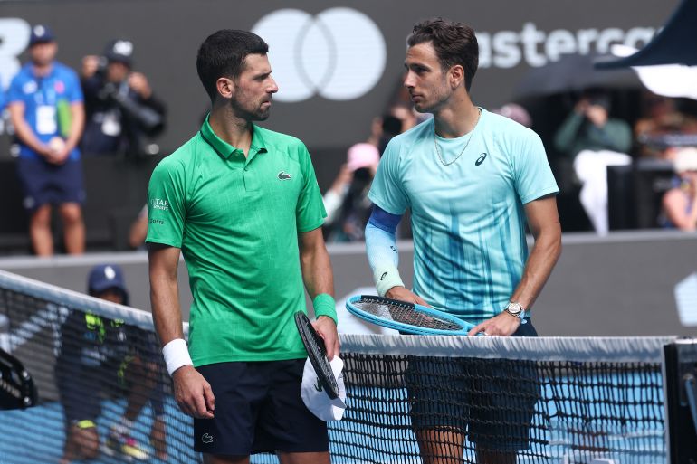 Novak Djokovic and Lorenzo Musetti react.
