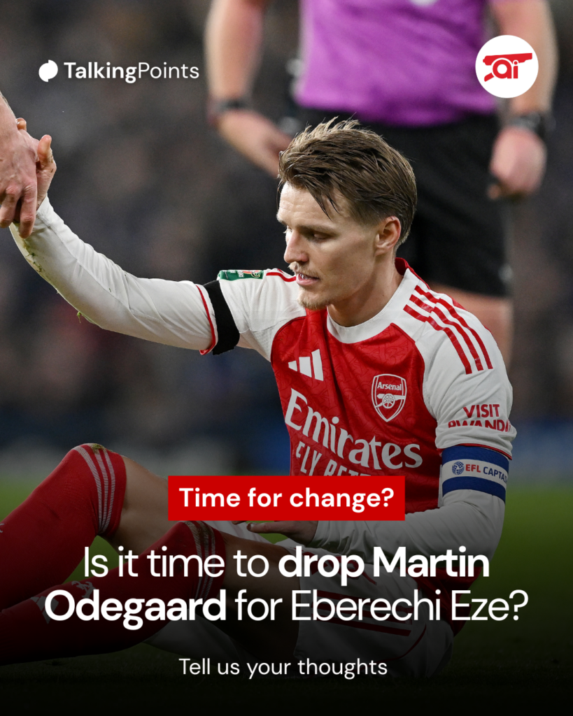A graphic of Martin Odegaard asking whether Eberechi Eze should replace him.