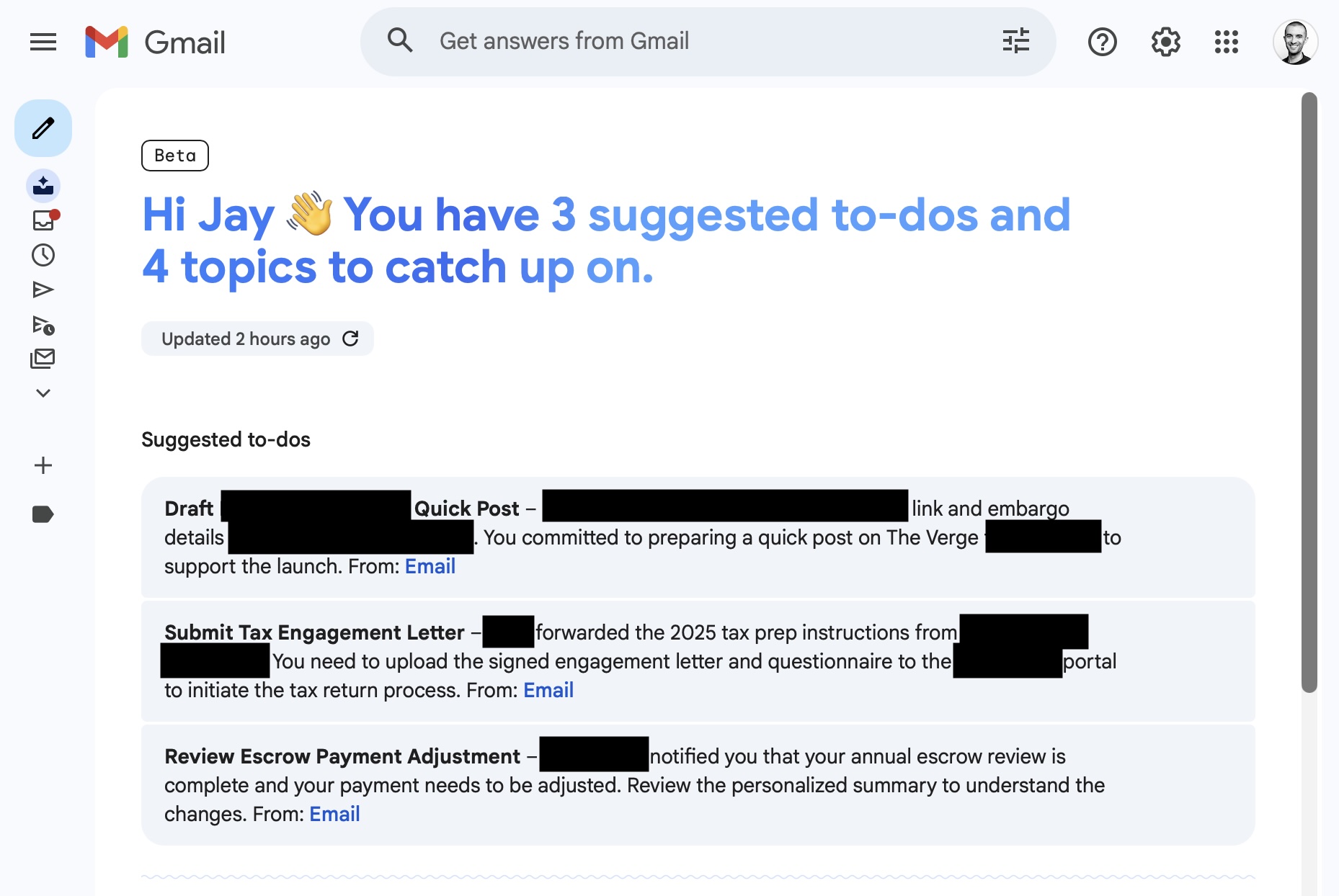 A screenshot of Jay Peters’ Gmail inbox in the AI Inbox view.