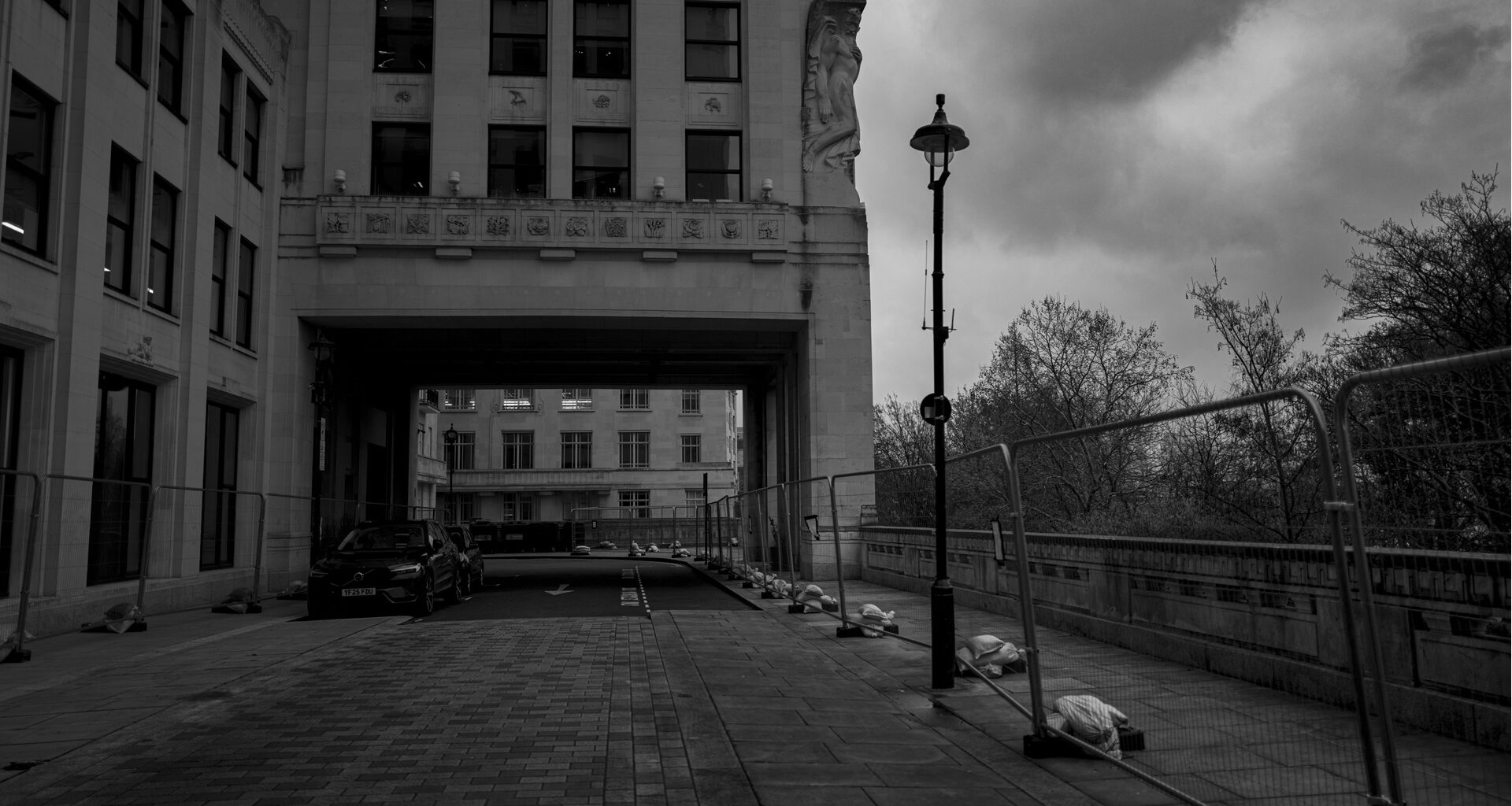 The empty space where a homelessness encampment used to stand near Adelphi Terrace on the Strand in Westminster