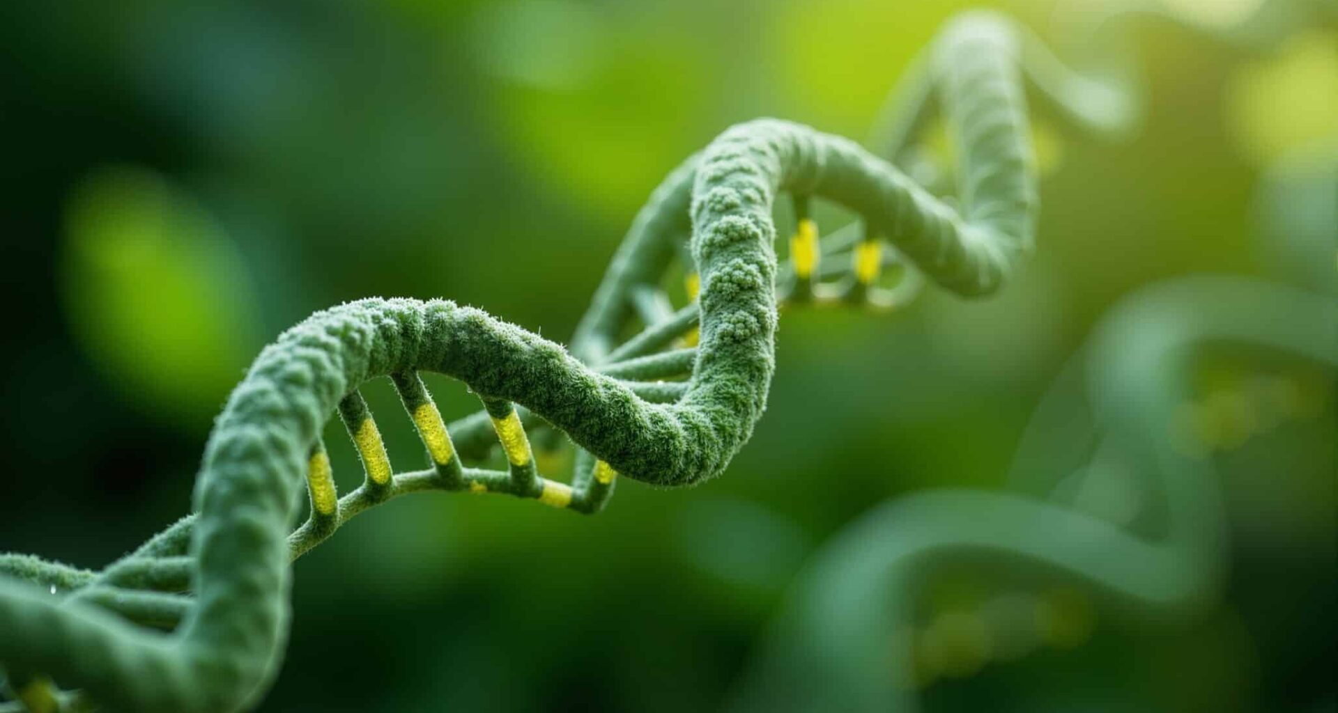 Conceptual image of CRISPR gene editing on plant DNA. Green tones and leafy textures symbolize agricultural biotechnology and nature integration.