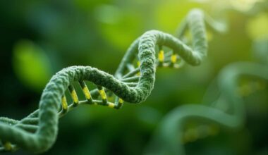 Conceptual image of CRISPR gene editing on plant DNA. Green tones and leafy textures symbolize agricultural biotechnology and nature integration.