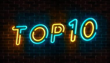 Top 10 neon blue and yellow light text on empty red brick wall banner. Bright sign of top ten list winners at night. Design template of modern signboard or advertising