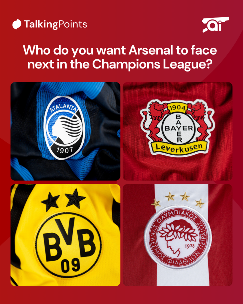 Club badges of Arsenal's potential Champions League Round of 16 opponents - Atalanta, Bayer Leverkusen, Borussia Dortmund and Olympiacos.