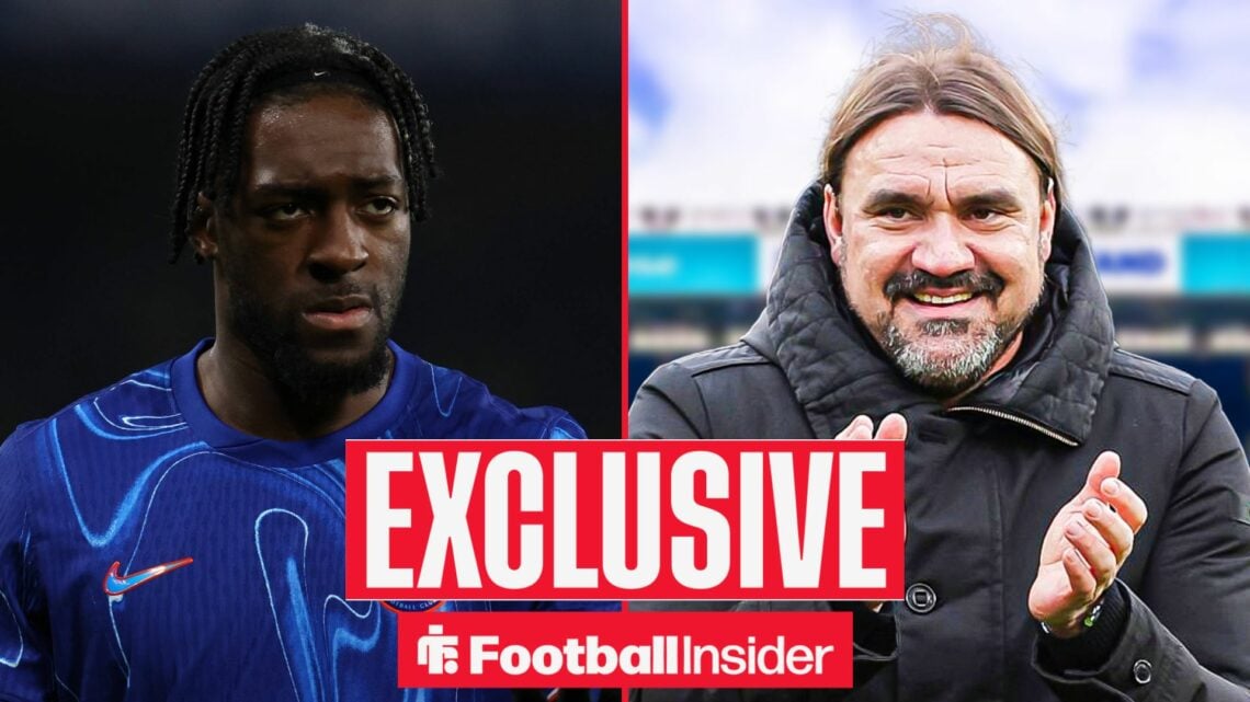 Football Insider exclusive as Axel Disasi is in action during a game for Chelsea, while Leeds United manager Daniel Farke applauds.