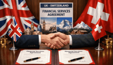 Swiss and EU officials signing Berne financial services agreement at a conference table, showcasing international cooperation