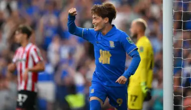 Kyogo Furuhashi celebrates after scoring for Birmingham City