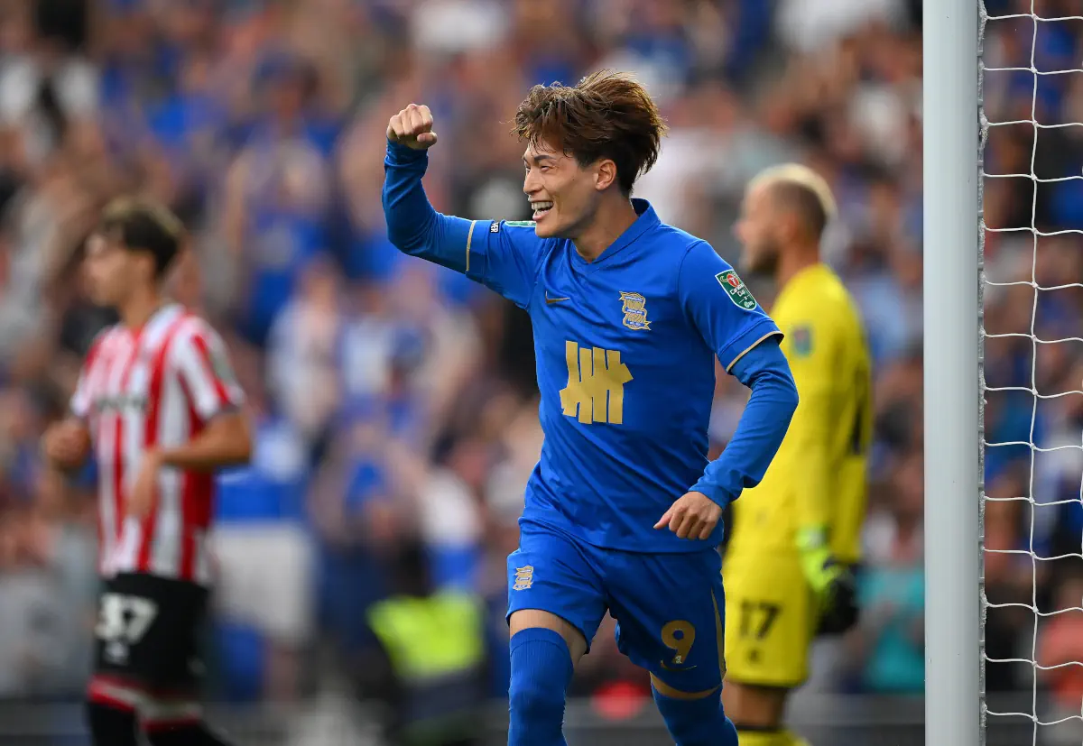 Kyogo Furuhashi celebrates after scoring for Birmingham City