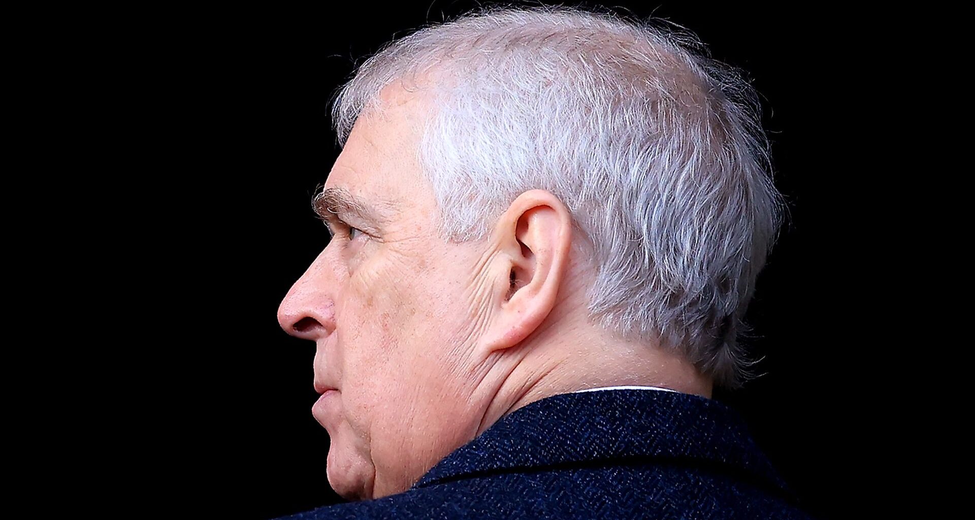 The former Prince Andrew is photographed against a pitch black background, he has white gray hair and is wearing a speckled navy coat