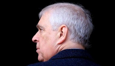 The former Prince Andrew is photographed against a pitch black background, he has white gray hair and is wearing a speckled navy coat
