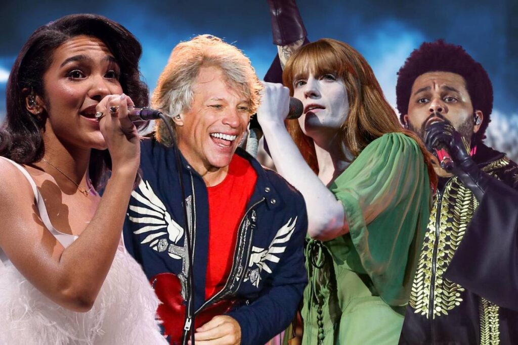 (left to right) Olivia Dean, Jon Bon Jovi, Florence Welch, and The Weeknd