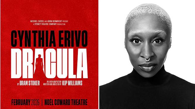 Poster of new 'Dracula' production and headshot of Cynthia Erivo, who will star in all 23 roles in the play
