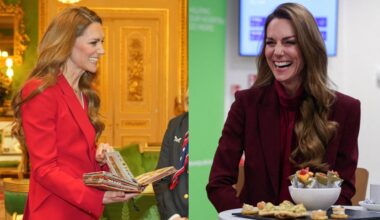Princess Kate wearing a red suit and laughing holding a book; Princess Kate wearing a maroon suit sitting at a table and laughing