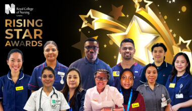 Nurses who won the rising star award this year on a black background with gold stars