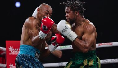 Gary Antuanne Russell lands a right hand on Alberto Puello during their June 15, 2024 fight at the MGM Grand Garden Arena in Las Vegas, Nevada.