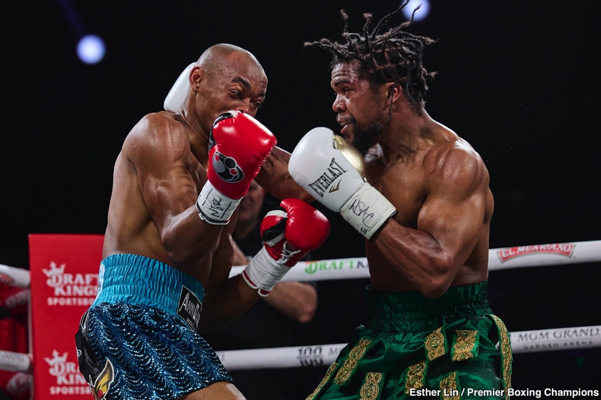 Gary Antuanne Russell lands a right hand on Alberto Puello during their June 15, 2024 fight at the MGM Grand Garden Arena in Las Vegas, Nevada.