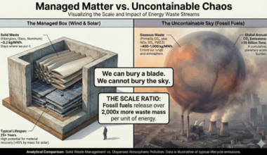 Google Gemini generated this infographic to visualize the scale of energy waste, contrasting the contained, inert "managed matter" of renewables against the massive, uncontainable volume of atmospheric pollution released by fossil fuels.
