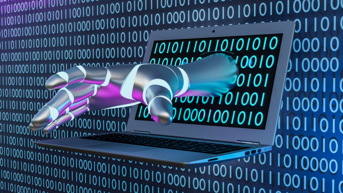 Cyborg's hand coming from laptop screen with a digital binary code theme background.