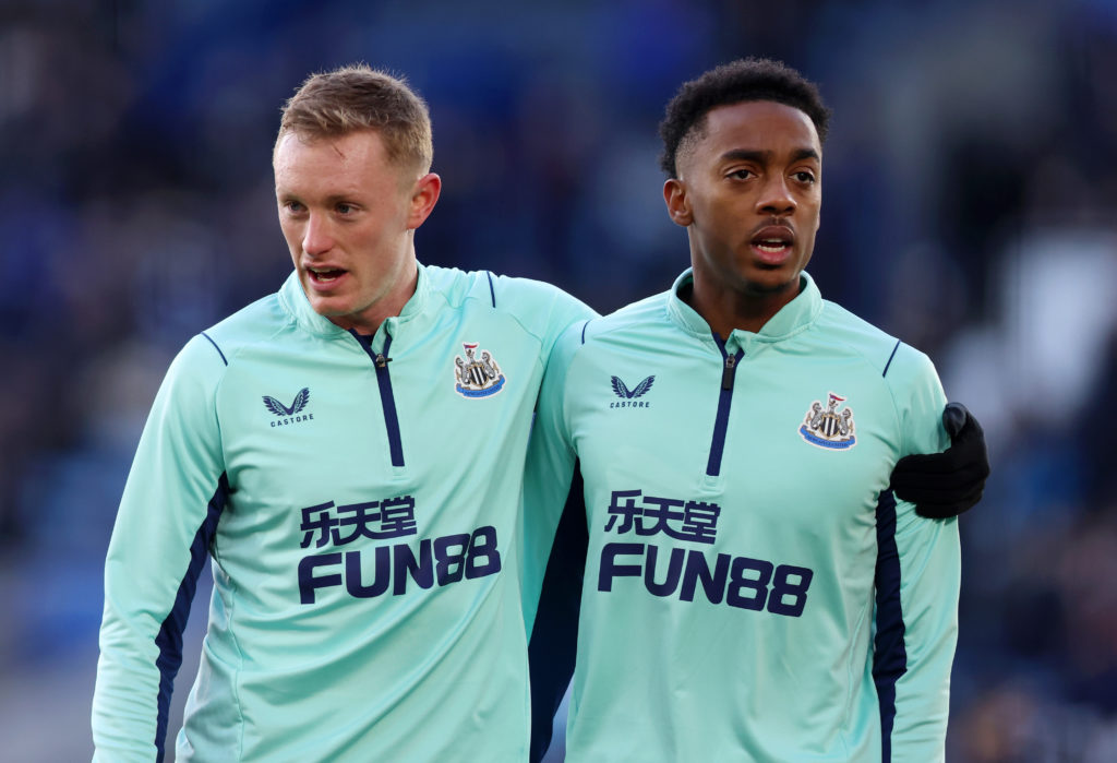 Sean Longstaff and Joe Willock embrace before Newcastle United play Leicester in the Premier League.