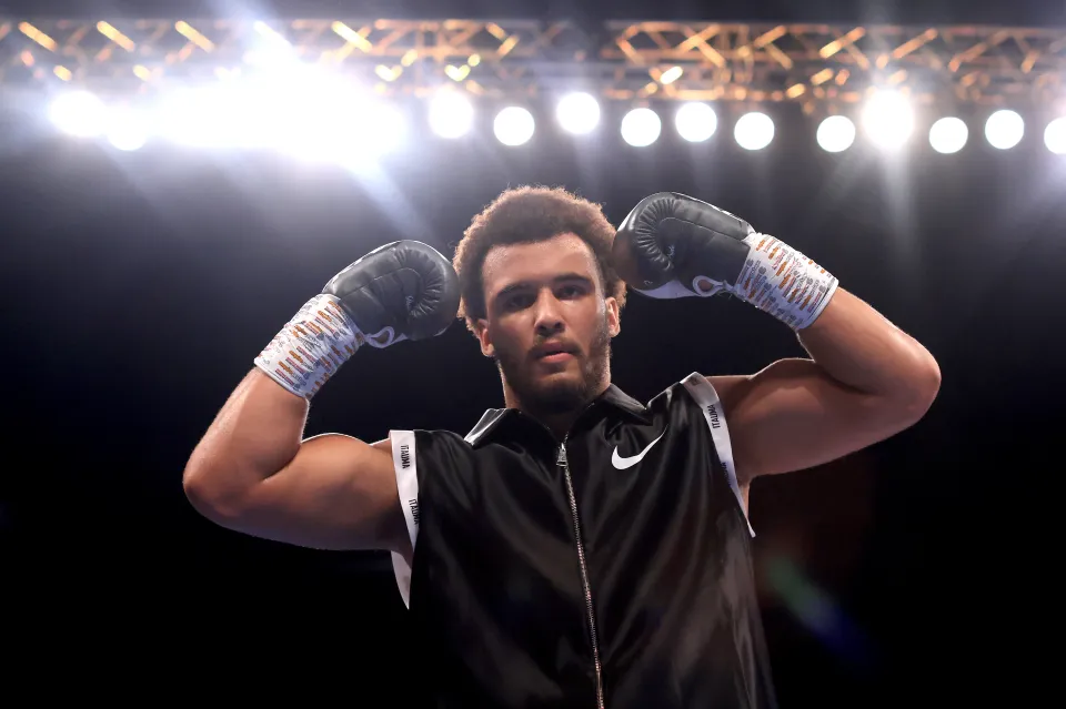 LONDON, ENGLAND - SEPTEMBER 23: Moses Itauma celebrates after winning his fight against Amine Boucetta during the Heavyweight fight between Moses Itauma and Amine Boucetta at OVO Arena Wembley on September 23, 2023 in London, England. (Photo by Stephen Pond/Getty Images)