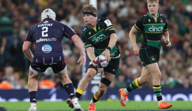 Northampton Saints’ Henry Pollock prepares to offload during the 2025 European Champions Cup final against Bordeaux-Bègles.