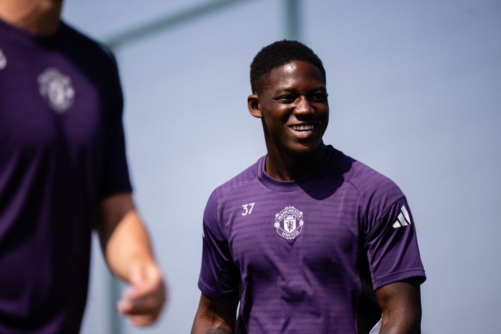 Kobbie Mainoo in action during a first-team Manchester United training session at the Carrington training complex in 2025 in Manchester, England.