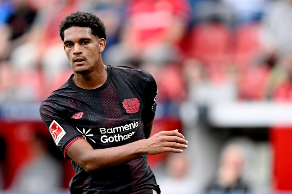 Jarell Quansah in action for Bayer Leverkusen in the Bundesliga against Hoffenheim at BayArena